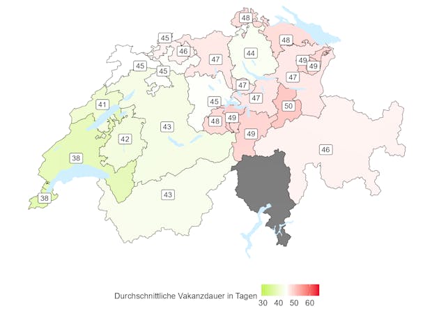 Abbildung 3: Durchschnittliche Vakanzdauer nach Kanton, Gesamtwirtschaft. Quelle: BSS Volkswirtschaftliche Beratung AG